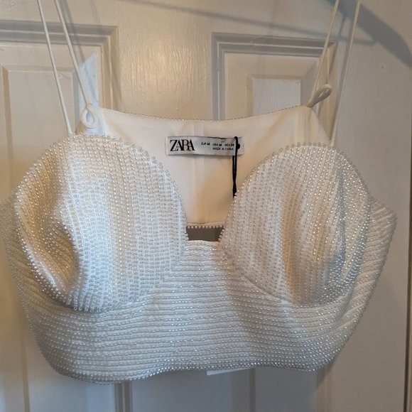 Zara Oyster White Beaded Crop Top NWT - Picture 3 of 5